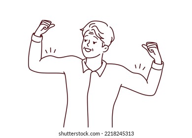 Elderly man showing muscles training and exercising. Smiling mature male demonstrate good physical shape follow sport lifestyle. Vector illustration.