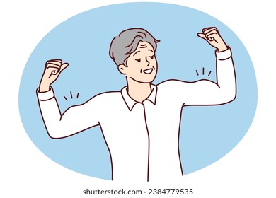 Elderly man showing muscles training and exercising. Smiling mature male demonstrate good physical shape follow sport lifestyle. Vector illustration.