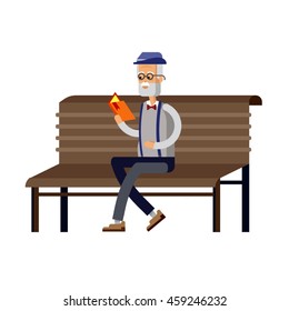Elderly man siiting on bench. Grandfather reading a book. Vector flat illustration isolated in white background..