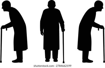 Elderly man silhouette set with cane walking support pose variations