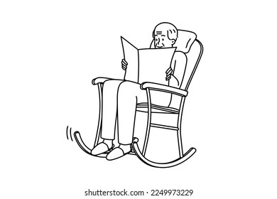 Elderly man sit in rocking chair reading newspaper. Old grey-haired grandfather relax in armchair enjoy press. Happy calm maturity. Vector illustration. 
