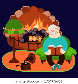 An elderly man sits in an armchair. Grandfather sits near a fireplace. A fire burns in a fireplace. Grandfather listens to music and reads. Vector flat illustration. Concept. Cartoon. Hand drow. 