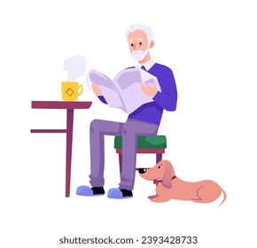 El anciano se sienta en la silla con una taza de té y lee el periódico con un perro. Feliz abuelo pasándola bien, disfruta de la vida. Concepto de gente mayor solitaria. Vector ilustración acogedora sala de cocina en casa