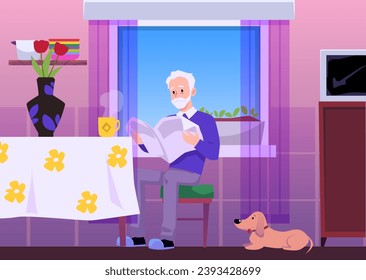 Elderly man sits in chair with dog and reads at home. Happy grandfather having a good time, enjoy life. Lonely old people concept. Vector illustration cozy kitchen room with a pet