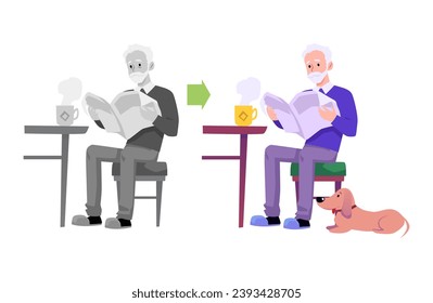 Elderly man sits in chair with dog and reads at home. Happy grandfather having a good time with a pet and monochrome sad alone. Lonely old people concept vector illustrations set