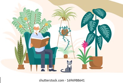 Elderly man sits in chair and reads a book between home flowers. Crazy plant senior, floriculture hobby and Urban jungle concept. Flat Art Vector Illustration