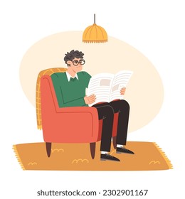 An elderly man sits in a comfortable chair and reads a newspaper in cozy living room in flat style