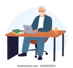Elderly man sits at computer monitor. Vector concept Old male working on Internet. Senior person at laptop. office workplace. Mature employee. Grandparents occupation. Aged businessman. Vector concept