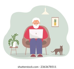 An elderly man sits at home using a laptop. The old man works, studies, communicates online. Vector flat graphics.