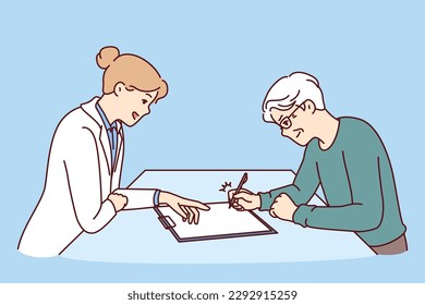 Elderly man sits near doctor filling out questionnaire for insurance for treatment of chronic diseases. Elderly man signing contract with hospital employee for advice or medical care 