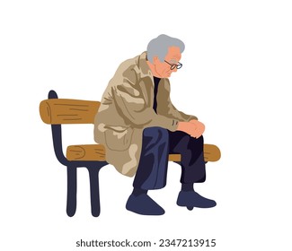 Un anciano sentado en un banco solo, con un estado de ánimo nostálgico. ilustración vectorial plana