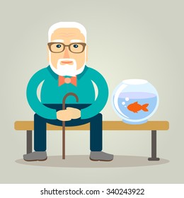 an elderly man sits on a bench with an aquarium-EPS10