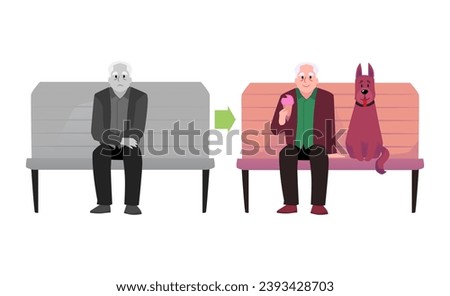 Elderly man sits on the bench with dog and eats ice cream. Happy optimist having a good time with a pet and monochrome sad alone pessimist. Lonely old positive and negative characters vector set