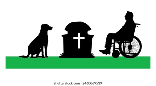 Elderly man sits on wheelchair visiting his wife's grave accompany by dog black silhouette.