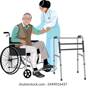 An elderly man sits in a wheelchair, a young nurse helps him get up, and a walker for the elderly stands nearby Vector