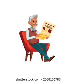 elderly man sitting in armchair and reading news in newspaper cartoon vector. elderly man sitting in armchair and reading news in newspaper character. isolated flat cartoon illustration