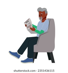 elderly man sitting in armchair and reading news in newspaper cartoon vector. elderly man sitting in armchair and reading news in newspaper character. isolated flat cartoon illustration.