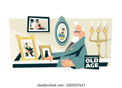 Elderly man sitting in chair and looking at photos vector illustration. Comfortable old age flat style concept. Oldness idea