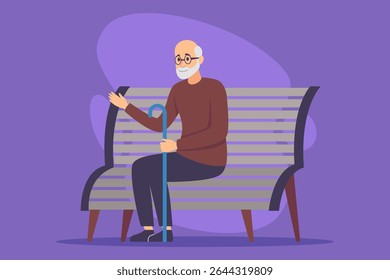 Elderly man sitting comfortably on wooden bench in park, holding cane. Relaxation during day concept
