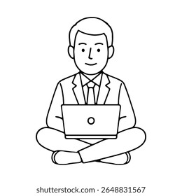 Elderly man sitting cross legged with laptop working peacefully in a minimalist line drawing