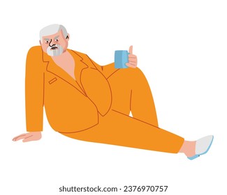 Elderly man is sitting with a cup of tea. Grandfather in pajamas. Angry man with a beard in pajamas. Flat vector illustration