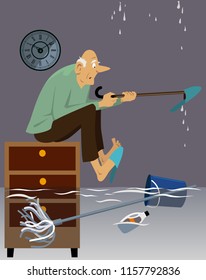 Elderly Man Sitting In A Flooded House With A Leaky Roof, EPS 8 Vector Illustration