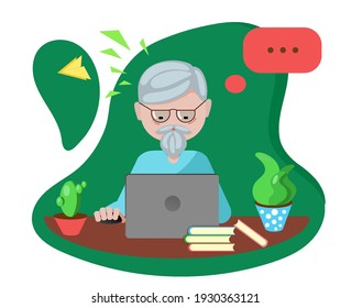 an elderly man sitting at a laptop, illustration in flat style, EPS10