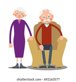 An elderly man is sitting in a large armchair, and next to him stands an elderly woman. Illustration in flat style. Isolated
