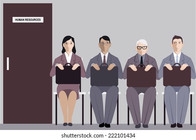 Elderly man sitting in a line to the interview with human resources among much younger job applicants, vector illustration