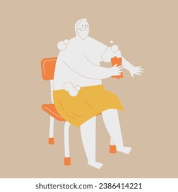 An elderly man is sitting on a bathing chair and washing his body.