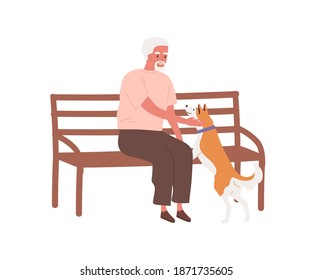 Elderly man sitting on bench outdoors and caress dog. Grandfather play with pet. Aged male character spend time with domestic animal. Flat vector cartoon illustration isolated on white