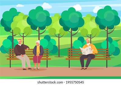 Elderly man sitting on bench in park reading newspaper. Grandfather and grandmother talking