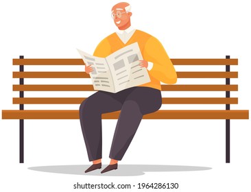 Elderly man sitting on bench in park reading newspaper and enjoying leisure in retirement. Grandfather resting reading news sitting outdoors. Pensioner old male character in glasses isolated on white