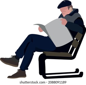 elderly man sitting on the bench reads the newspaper