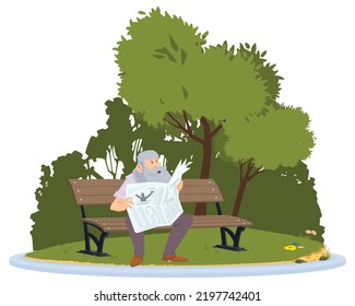 Elderly man sitting on a bench and reading newspaper. Funny people. Illustration concept template for website, web landing page, banner, presentation, social, poster, promotion or print media.