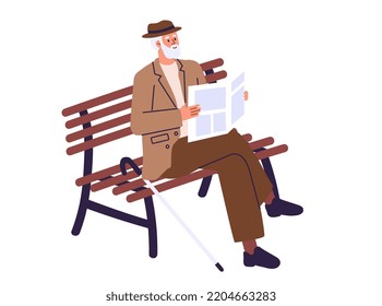  Elderly man sitting on the bench and reading newspaper. Old man with grey hair. Recreation, entertainment of a pensioner, retiree. Spending time outdoors. Flat vector illustration.