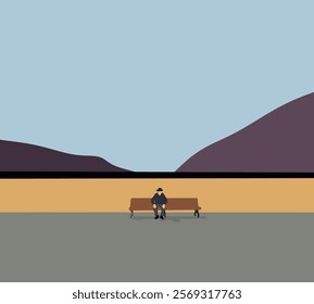 Elderly man sitting on bench outdoor with mountain view. in public park Spend time retire life. 