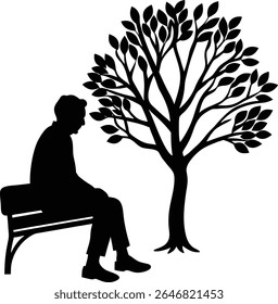 Homem idoso sentado em banco sob árvore Silhueta Silhueta Silhueta Vetor Ilustração para Projetos Pacíficos e Reflexivos