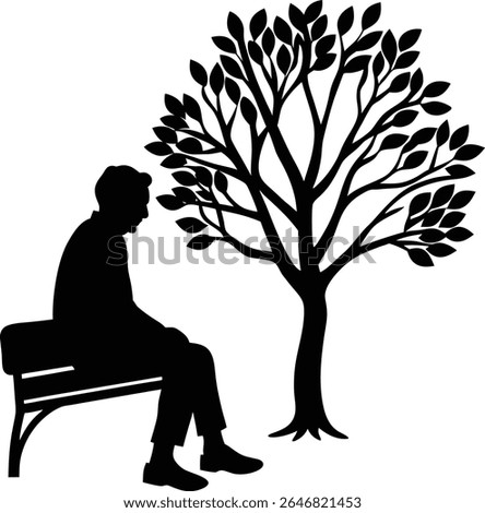 Elderly Man Sitting on Bench Under Tree Quiet Silhouette Vector Illustration for Peaceful and Reflective Designs