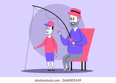 Elderly man sitting on chair holding fishing rod while sharing smile with young boy standing beside him. People enjoying quality time together by water, creating cherished memories
