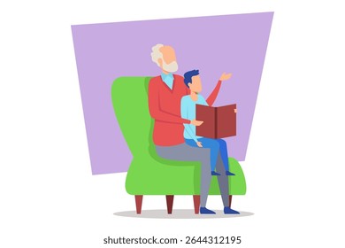 Elderly man sitting on green chair, reading book with young boy beside him