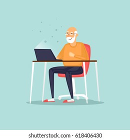 Elderly man is sitting on the Internet. Vector illustration flat style.