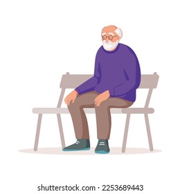 Elderly man sitting on park bench isolated on white background.  Vector flat cartoon style illustration. Design for poster, landing, infographic