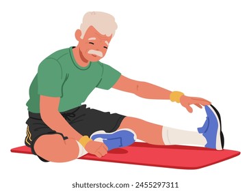 Hombre Mayor Sentado En Una Estera De Yoga, Estirando Sus Piernas Con Una Expresión Feliz. Hace Gestos Hacia Su Rodilla, Rostro Sereno, Encarnando Fuerza Y Flexibilidad A Pesar De Su Edad. Ilustración vectorial