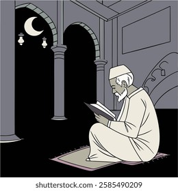 An elderly man sitting and reading the Quran inside a mosque with crescent moonlight, symbolizing reflection and faith.