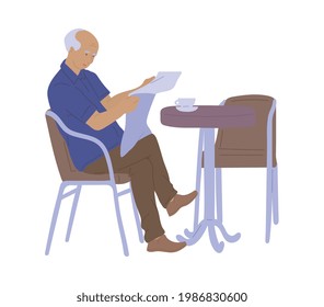 Elderly man sitting at table in cafe and reading a newspaper, sketch vector illustration isolated on white background. Street cafe client with morning coffee cup.