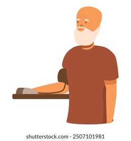 Elderly man is sitting and taking care of himself by monitoring his blood pressure