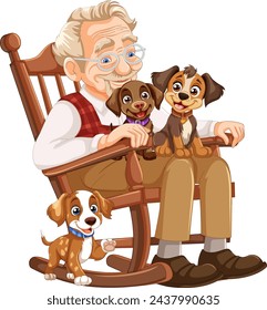 Elderly man sitting with two adorable puppies