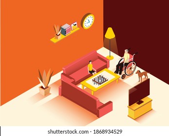 Elderly man sitting in a wheelchair playing chess with grandson isometric, 3d vector.