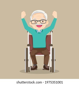 elderly man sitting in wheelchair raising hands,senior man in a wheelchair manually and raising a hand up